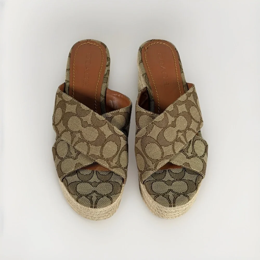 Womens Size 7.5B Coach Slide Espadrille Wedge With Signature Coach Print